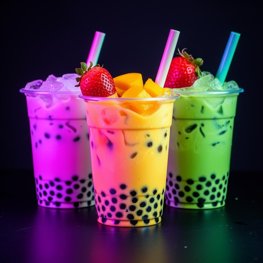 Colourful bubble teas with tapioca pearls